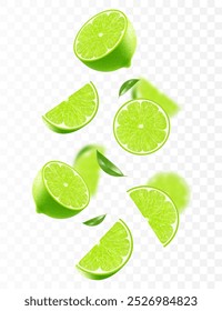 Flying ripe lime. Bright advertising background falling juicy green lime, realistic illustration with blurred effect. 3d vector design for advertising banners and web page design