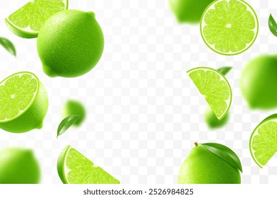 Flying ripe lime. Bright advertising background falling juicy green lime, realistic illustration with blurred effect. 3d vector design for advertising banners and web page design