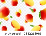 Flying ripe mango. Bright advertising background falling juicy fruit mango, realistic illustration with blurred effect. 3d vector design for advertising banners and web page design