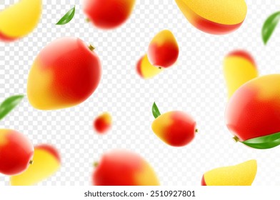 Voando manga madura. Fundo de publicidade brilhante caindo suculenta manga de frutas, ilustração realista com efeito turvo. Design vetorial 3d para banners de publicidade e design de páginas da Web