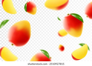 Flying ripe mango. Bright advertising background falling juicy fruit mango, realistic illustration with blurred effect. 3d vector design for advertising banners and web page design