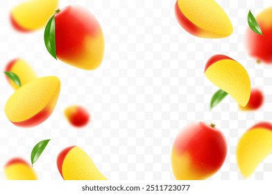 Mango maduro volador. Fondo publicitario brillante que cae el mango jugoso de la fruta, ilustración realista con efecto borroso. Diseño de Vector 3D para Anuncios publicitarios y diseño de página de Web