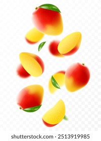 Flying ripe mango. Bright advertising background falling juicy fruit mango, realistic illustration with blurred effect. 3d vector design for advertising banners and web page design