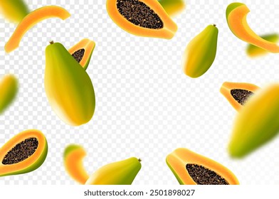 Papaya madura voladora. Fondo publicitario brillante que cae la papaya jugosa de la fruta, ilustración realista con efecto borroso. Diseño de Vector 3D para Anuncios publicitarios y diseño de página de Web