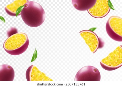 Flying ripe passion fruit. Bright advertising background falling juicy passion fruit, realistic illustration with blurred effect. 3d vector design for advertising banners and web page design