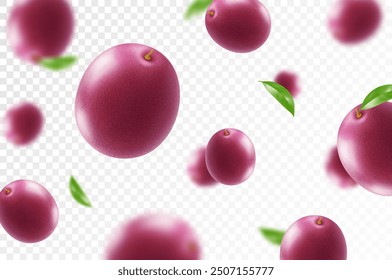 Flying ripe passion fruit. Bright advertising background falling juicy passion fruit, realistic illustration with blurred effect. 3d vector design for advertising banners and web page design