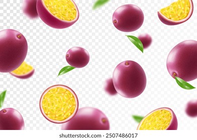 Flying ripe passion fruit. Bright advertising background falling juicy passion fruit, realistic illustration with blurred effect. 3d vector design for advertising banners and web page design