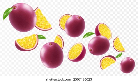 Flying ripe passion fruit. Bright advertising background falling juicy passion fruit, realistic illustration with blurred effect. 3d vector design for advertising banners and web page design