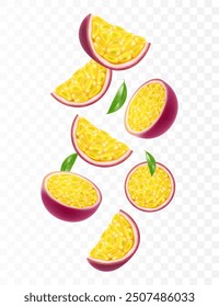 Flying ripe passion fruit. Bright advertising background falling juicy passion fruit, realistic illustration with blurred effect. 3d vector design for advertising banners and web page design