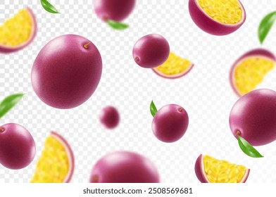 Flying ripe passion fruit. Bright advertising background falling juicy passion fruit, realistic illustration with blurred effect. 3d vector design for advertising banners and web page design