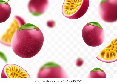 Flying ripe passion fruit. Bright advertising background falling juicy passion fruit, realistic illustration with blurred effect. 3d vector design for advertising banners and web page design