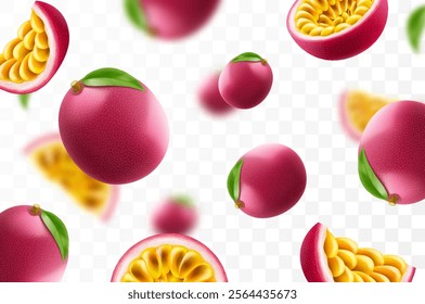 Flying ripe passion fruit. Bright advertising background falling juicy passion fruit, realistic illustration with blurred effect. 3d vector design for advertising banners and web page design