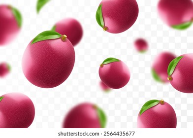 Flying ripe passion fruit. Bright advertising background falling juicy passion fruit, realistic illustration with blurred effect. 3d vector design for advertising banners and web page design