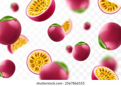 Flying ripe passion fruit. Bright advertising background falling juicy passion fruit, realistic illustration with blurred effect. 3d vector design for advertising banners and web page design