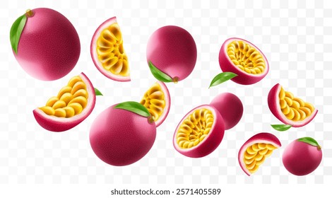 Flying ripe passion fruit. Bright advertising background falling juicy passion fruit, realistic illustration with blurred effect. 3d vector design for advertising banners and web page design