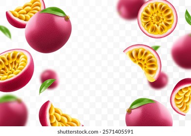 Flying ripe passion fruit. Bright advertising background falling juicy passion fruit, realistic illustration with blurred effect. 3d vector design for advertising banners and web page design