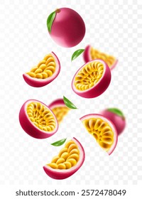 Flying ripe passion fruit. Bright advertising background falling juicy passion fruit, realistic illustration with blurred effect. 3d vector design for advertising banners and web page design