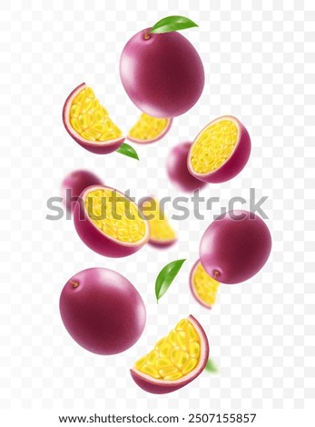 Flying ripe passion fruit. Bright advertising background falling juicy passion fruit, realistic illustration with blurred effect. 3d vector design for advertising banners and web page design