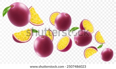 Flying ripe passion fruit. Bright advertising background falling juicy passion fruit, realistic illustration with blurred effect. 3d vector design for advertising banners and web page design