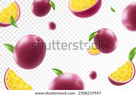 Flying ripe passion fruit. Bright advertising background falling juicy passion fruit, realistic illustration with blurred effect. 3d vector design for advertising banners and web page design