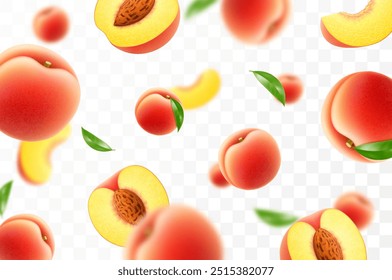 Flying ripe peach. Bright advertising background falling juicy sweet peach, realistic illustration with blurred effect. 3d vector design for advertising banners and web page design