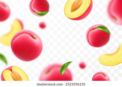 Flying ripe plum. Bright advertising background falling juicy sweet plums, realistic illustration with blurred effect. 3d vector design for advertising banners and web page design