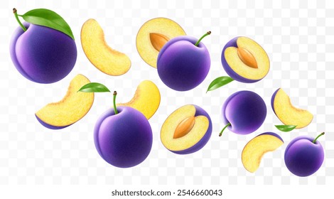 Flying ripe purple plum . Bright advertising background falling juicy sweet plums, realistic illustration with blurred effect. 3d vector design for advertising banners and web page design