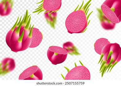 Flying ripe red dragon fruit. Bright background falling juicy fruit pitahaya, realistic illustration with blurred effect. 3d vector design for advertising banners and web page design