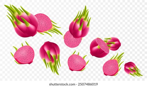 Flying ripe red dragon fruit. Bright background falling juicy fruit pitahaya, realistic illustration with blurred effect. 3d vector design for advertising banners and web page design