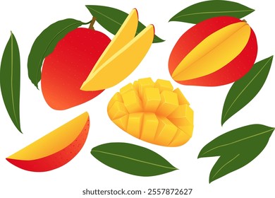 Flying ripe whole and slice mango with green leaves isolated on white background