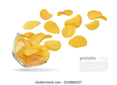 Flying ripple potato chips. Glass bowl and falling chips 3d vector crispy vegetable snacks or junk food. Isolated crunchy slices of salty chips, realistic wavy crisps in transparent plate