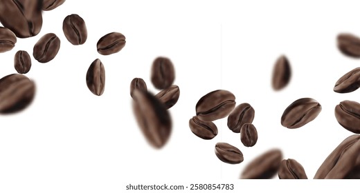 Flying roasted coffee beans scattered on white background in dynamic composition. Brown aromatic grains motion pattern with blurred elements for cafe menu banner or product packaging design.