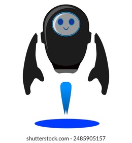 flying robot with blue fire powered rocket, blue eyed robot, cool rocket simple design, vector design