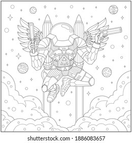 Flying robot in the cloud with gun and jetpack. Learning and education coloring page illustration for adults and children. Outline style, black and white drawing