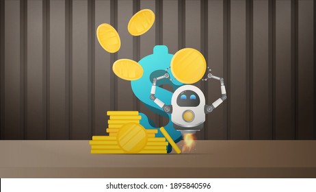 Fliegender Roboter, der eine Goldmünze auf dem Hintergrund des Dollarzeichens hält. Investitionskonzept und Kapitalerhöhung. Vektorgrafik.