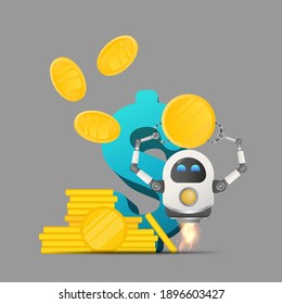 Flying robot holding a gold coin on the background of the dollar sign. Investment and capital increase concept. Vector.