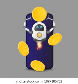 Flying robot holds a gold coin on the background of a mobile phone. Investment and capital increase concept. Vector.
