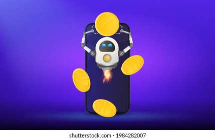 Flying robot holds a gold coin on the background of a mobile phone. Banner with space for text. Investment and capital increase concept. Vector.