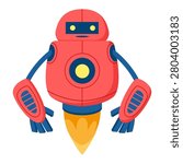 Flying robot mascot. Cute rocket robot character flat vector illustration. Futuristic android cartoon icon isolated on white background