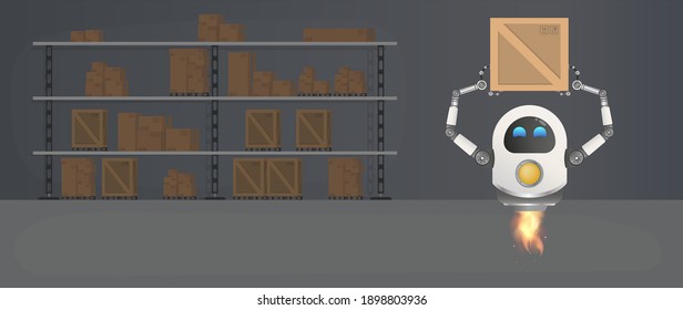 The flying robot picks up the box. Large warehouse with pallets, wooden and cardboard boxes. Vector.