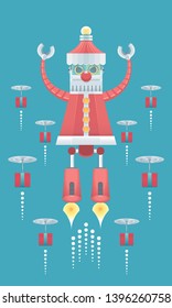 Flying robot santa with a group of mechanical presents.