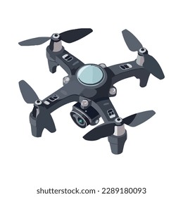 Flying robotic drone filming aerial view icon isolated
