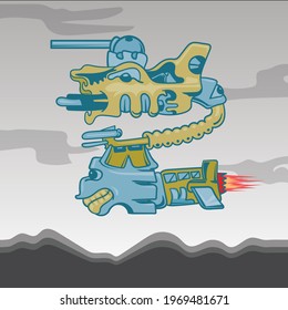 flying robotic game asset with ground and cloudy sky background