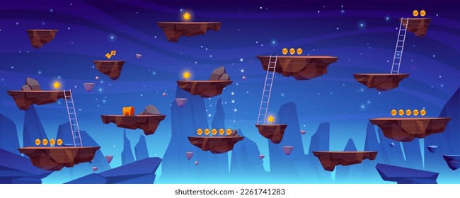 Flying rock islands vector game space background landscape. Cartoon planet in galaxy for arcade videogame. 2d ui level map with floating platform with gold goin in fantasy universe. World asset design