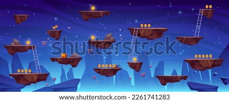 Flying rock islands vector game space background landscape. Cartoon planet in galaxy for arcade videogame. 2d ui level map with floating platform with gold goin in fantasy universe. World asset design