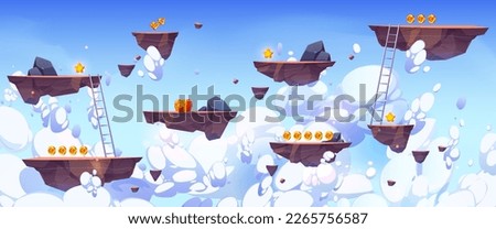 Flying rock islands vector game background sky landscape. 2d ui level map with floating platform, gold goin, ladders on blu sky with white clouds. Cartoon arcade videogame world asset design