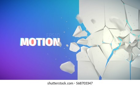 flying rock pieces banner. Motion collapse vector