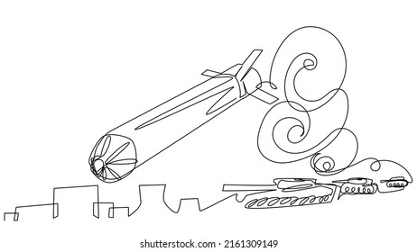 A flying rocket against the background of tanks and the city in one line on a white background. The concept of street battles and military equipment. Stock vector image.