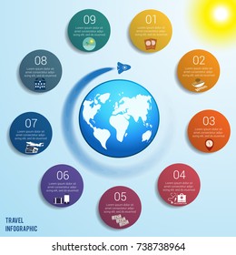 Flying rocket around the globe against a blue sky with a bright yellow sun, 9 colored circles numbered with space for text around the world map, can be used for presentations, step by step processes