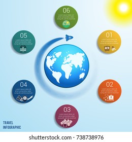 Flying rocket around the globe against a blue sky with a bright yellow sun, 6 colored circles numbered with space for text around the world map, can be used for presentations, step by step processes